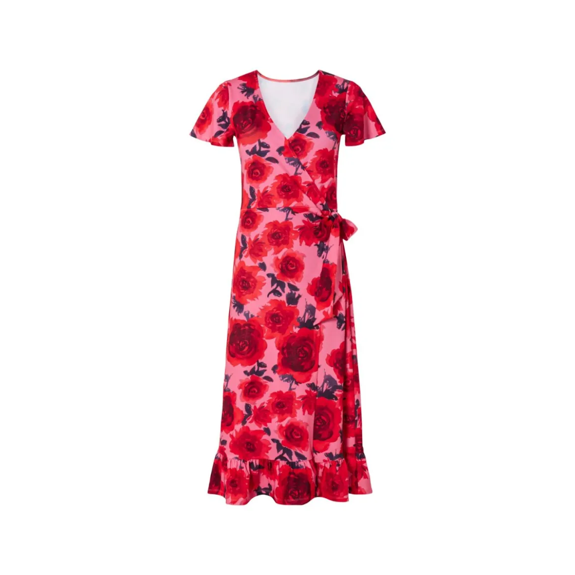 esmara® Damen Wickelkleid mit verspielten Volants (Muster pink/rot, S) - B-Ware neuwertig